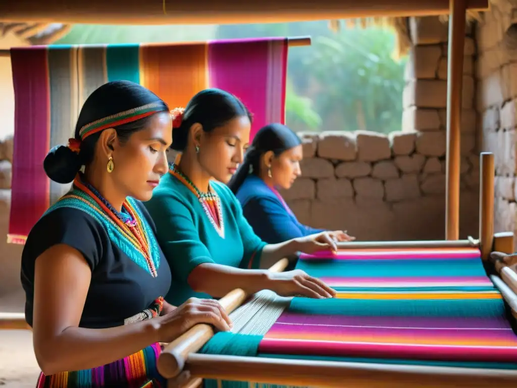 Grupo de mujeres Zapotecas tejiendo textiles tradicionales con maestría ancestral