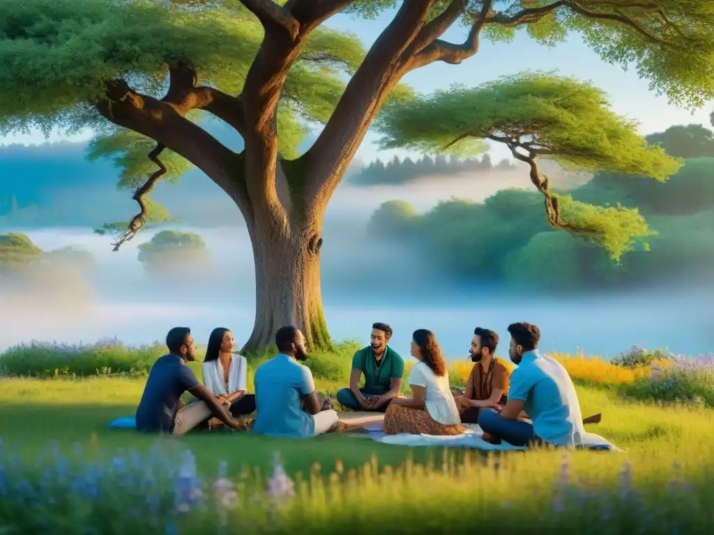 Grupo multicultural aprendiendo al aire libre bajo un árbol, integración saberes tradicionales educación bilingüe