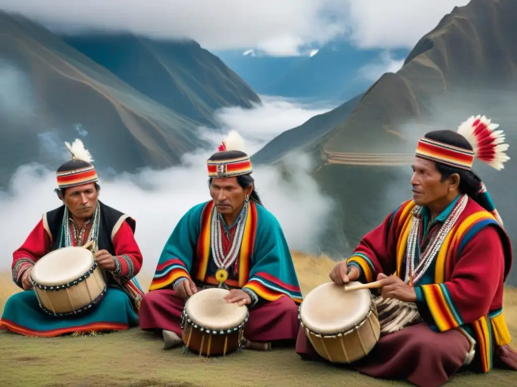 Grupo de músicos andinos en ceremonia indígena, tocando flautas y tambores entre montañas brumosas