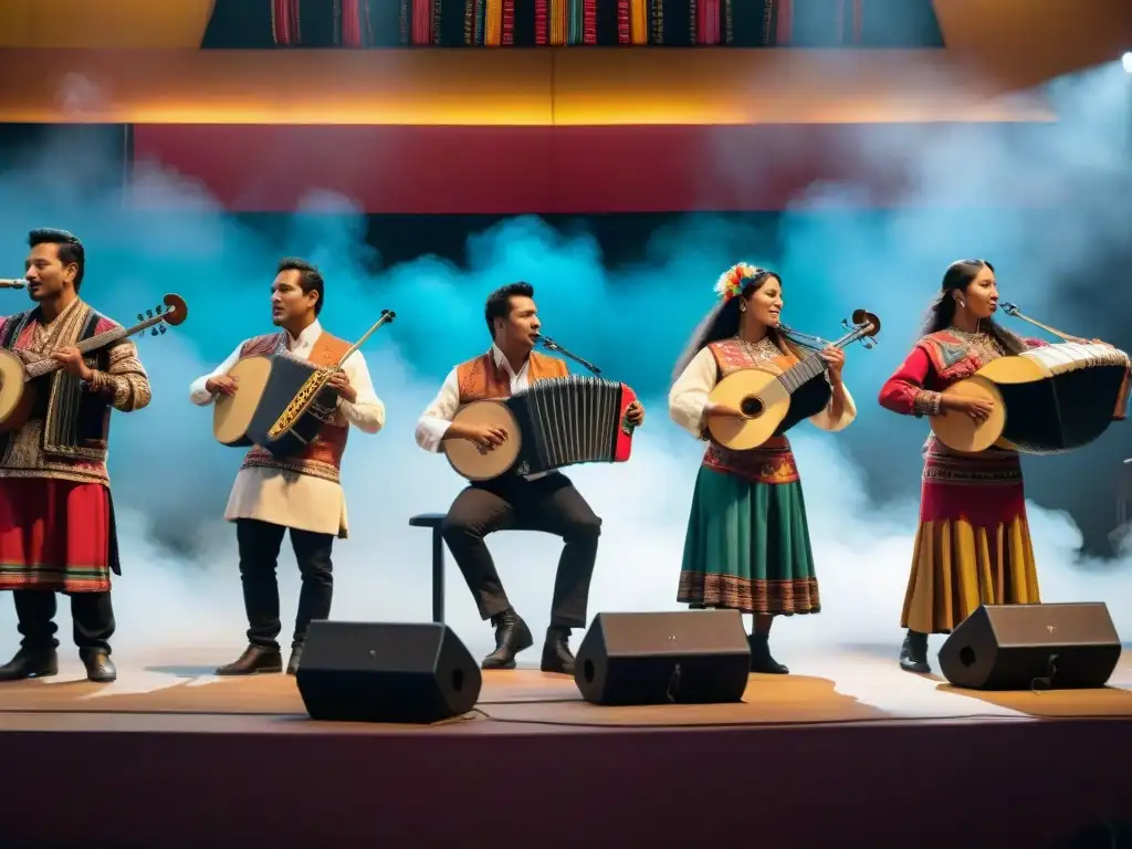 Grupo de músicos andinos contemporáneos fusionando tradición e innovación en el escenario