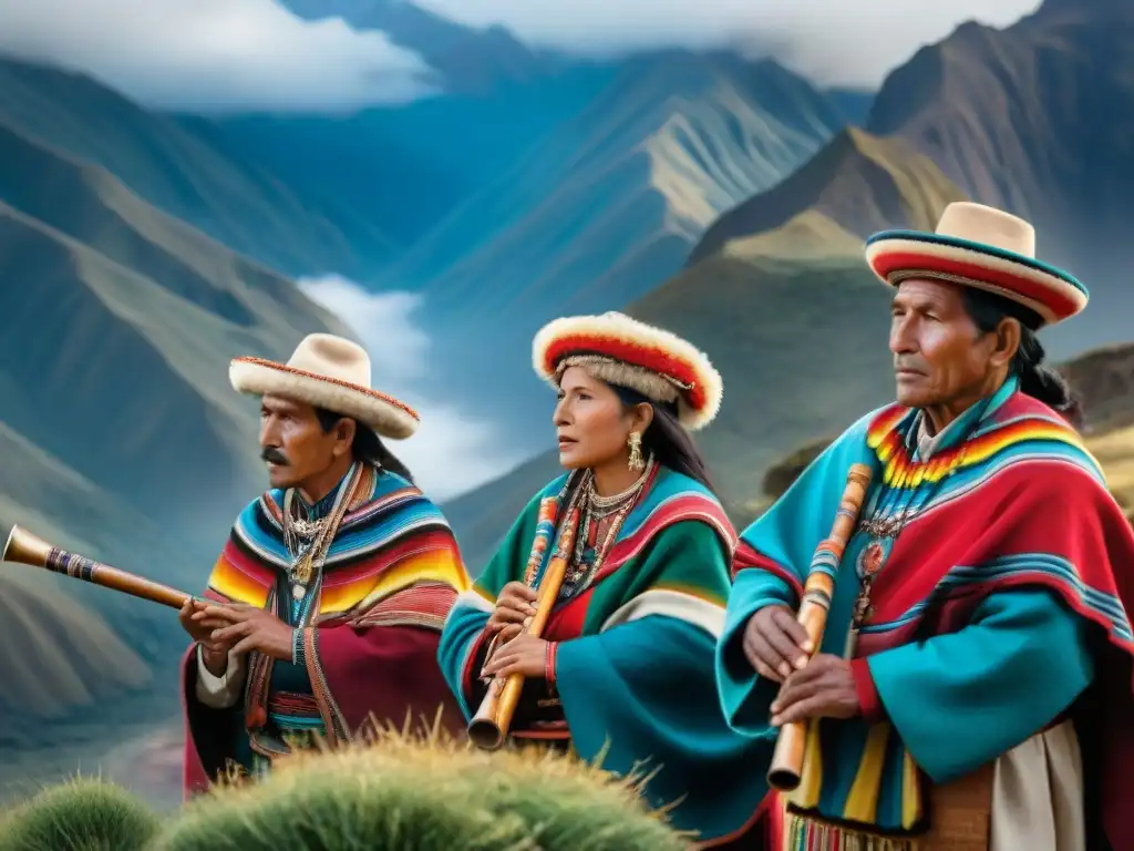 Un grupo de músicos andinos tocando zampoñas con pasión y destreza, unidos en tradición y cultura frente a los imponentes Andes