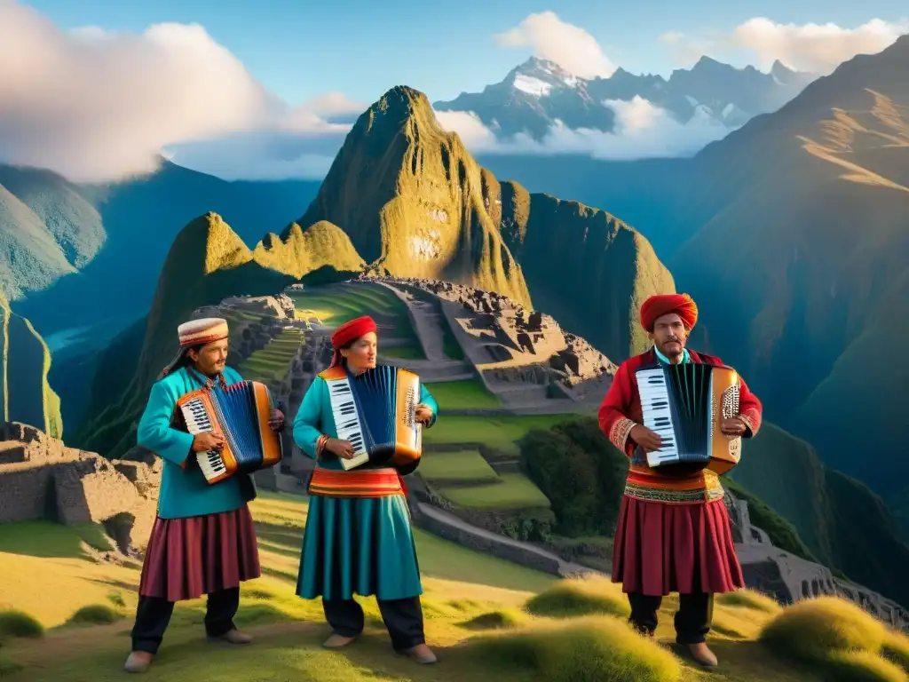 Grupo de músicos andinos tocando instrumentos tradicionales con pasión ante los majestuosos Andes