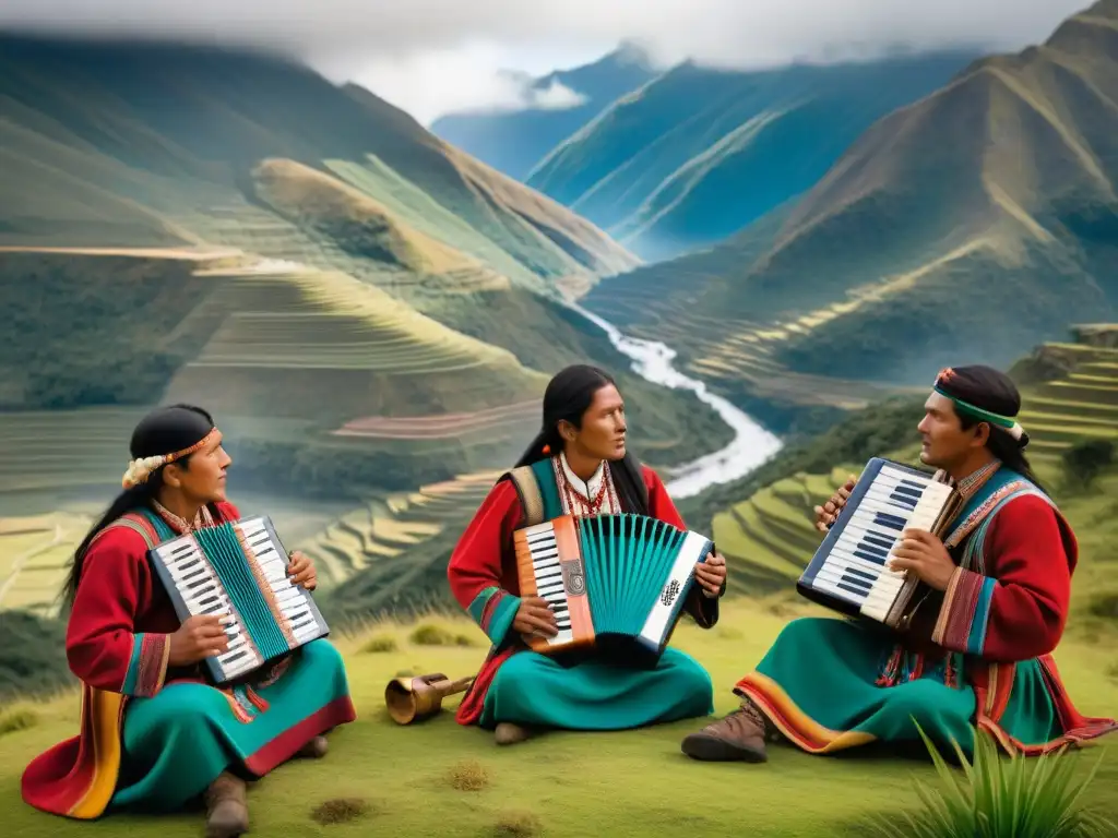 Grupo de músicos andinos con trajes tradicionales tocando la flauta de Pan en paisaje montañoso