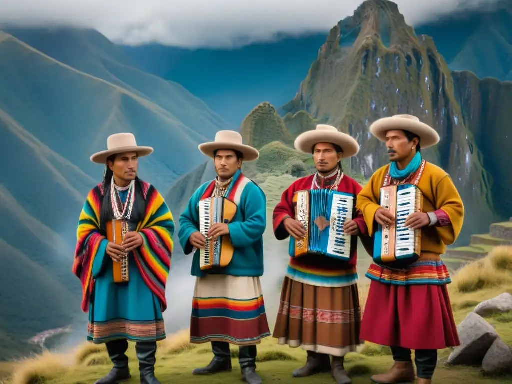 Grupo de músicos andinos tocando la zampoña frente a los majestuosos Andes, resaltando el significado zampoña en culturas andinas