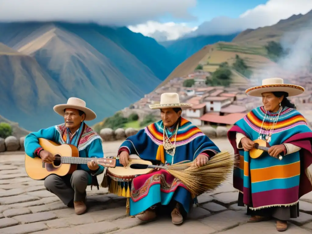 Un grupo de músicos andinos tocan zampoñas en una plaza, reflejando la cultura y tradición andina