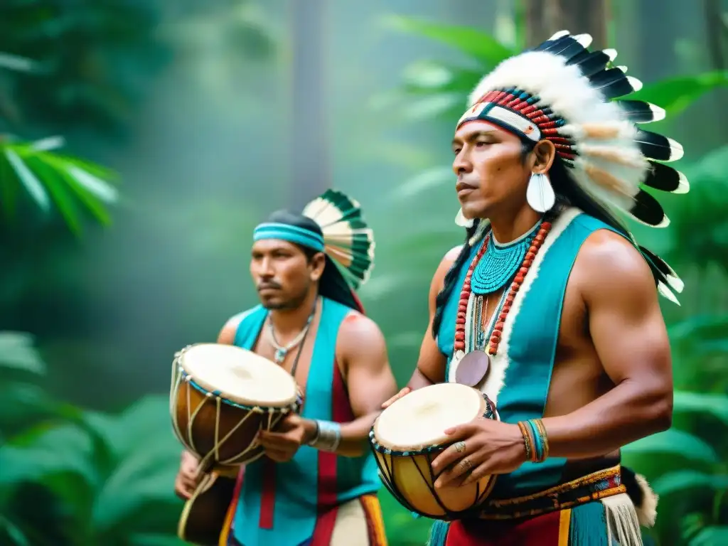 Un grupo de músicos indígenas de las Américas tocando instrumentos tradicionales en un escenario natural exuberante