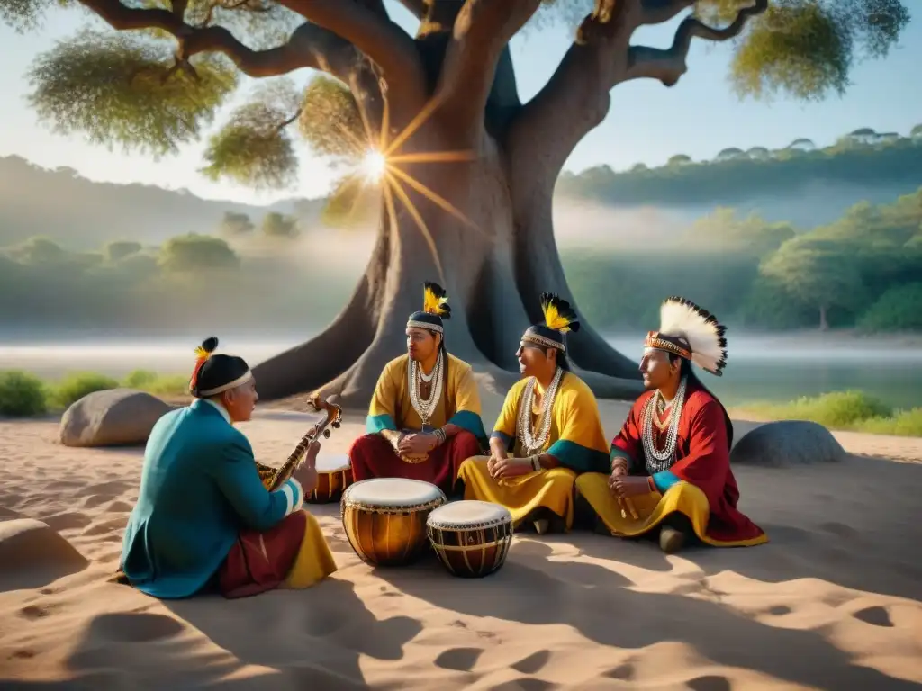 Grupo de músicos indígenas tocando bajo un árbol ancestral al atardecer, conectando con la importancia música identidad indígena