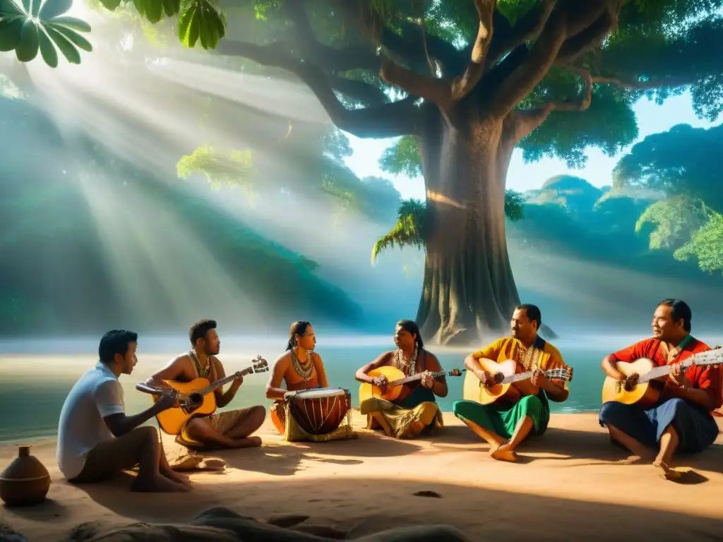 Grupo de músicos indígenas tocando bajo un ceiba en la Amazonia, un mensaje de preservar cultura y música indígena