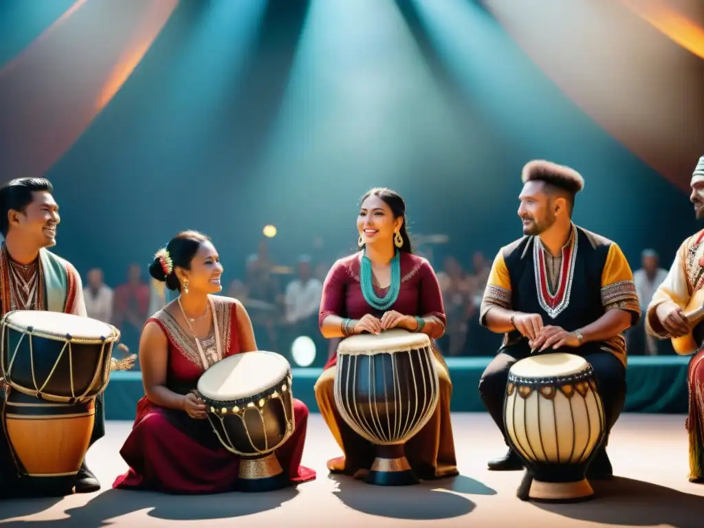 Un grupo de músicos indígenas de distintas culturas colaboran en un escenario soleado, tocando instrumentos tradicionales