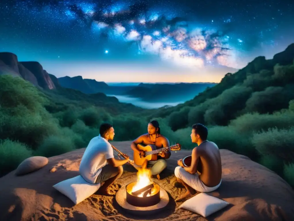 Grupo de músicos indígenas tocando bajo la Vía Láctea, en una escena mística que conecta con la preservación de música indígena ancestral