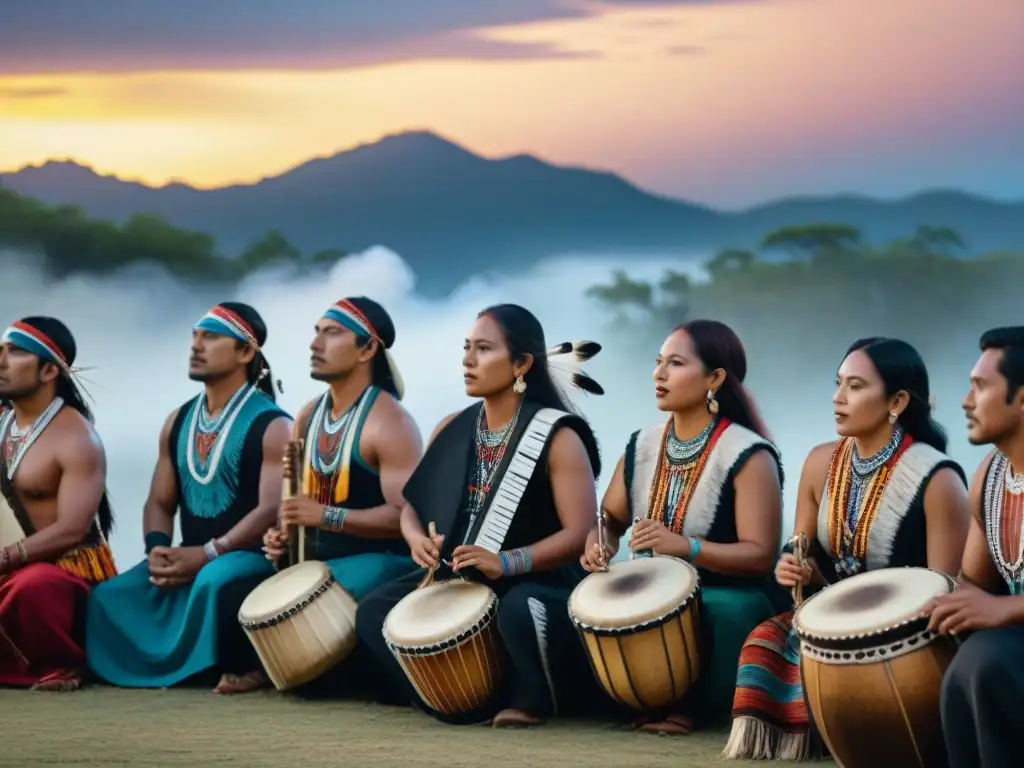 Grupo de músicos indígenas tocando en festival bajo cielo estrellado, rodeados de audiencia diversa