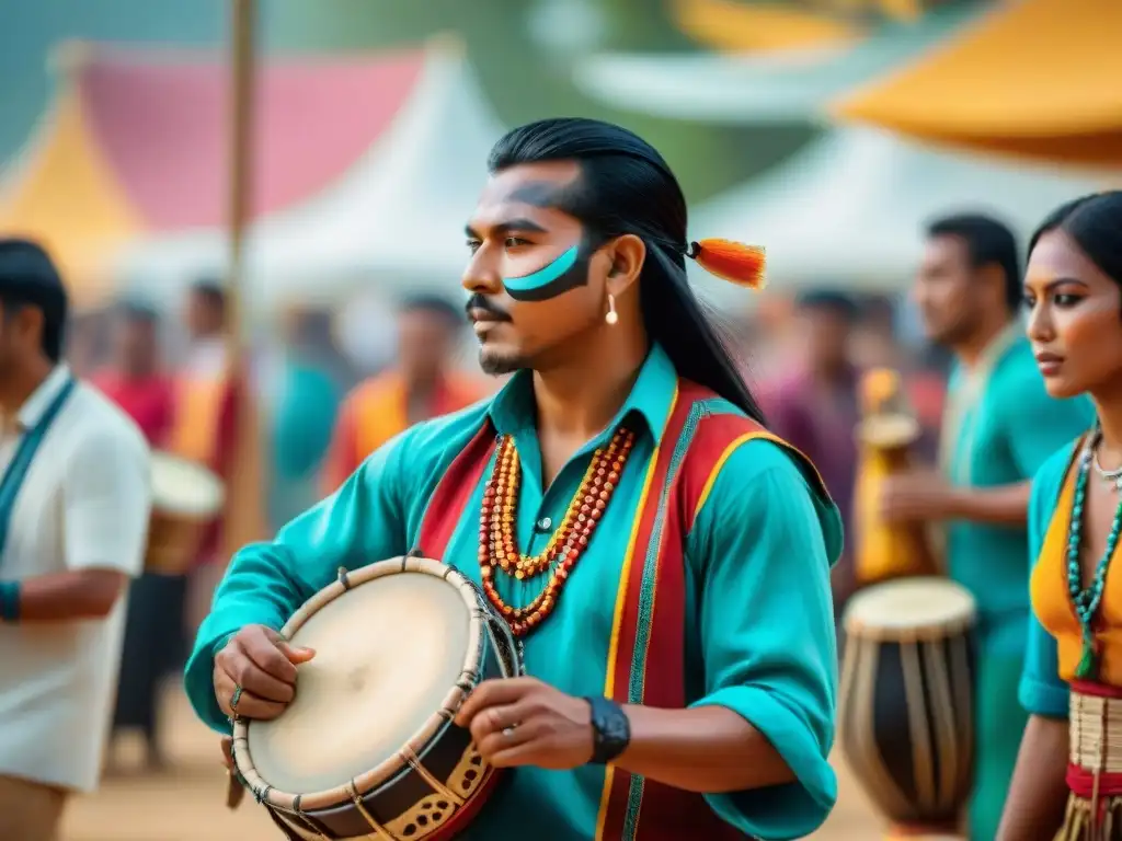 Grupo de músicos indígenas tocando en festival con ropa tradicional y pintura facial