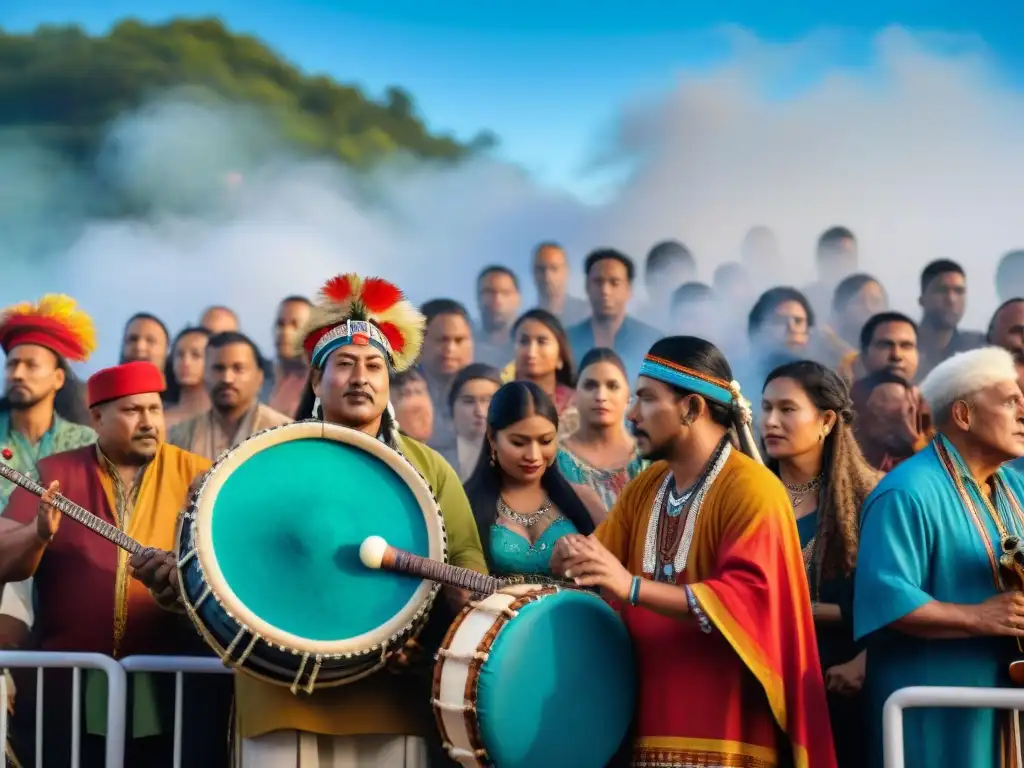 Grupo de músicos indígenas en festival internacional de música, tocando instrumentos tradicionales ante diversa audiencia emocionada