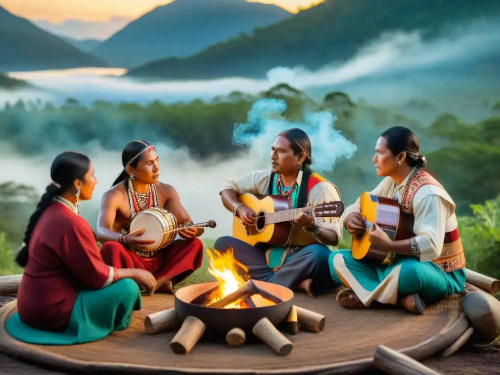 Grupo de músicos indígenas tocando alrededor de una fogata en la selva, evocando la narrativa música indígena América