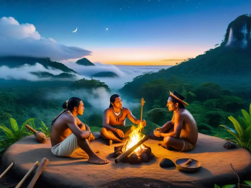 Un grupo de músicos indígenas rodea una fogata en la selva amazónica, tocando instrumentos ancestrales bajo un cielo estrellado