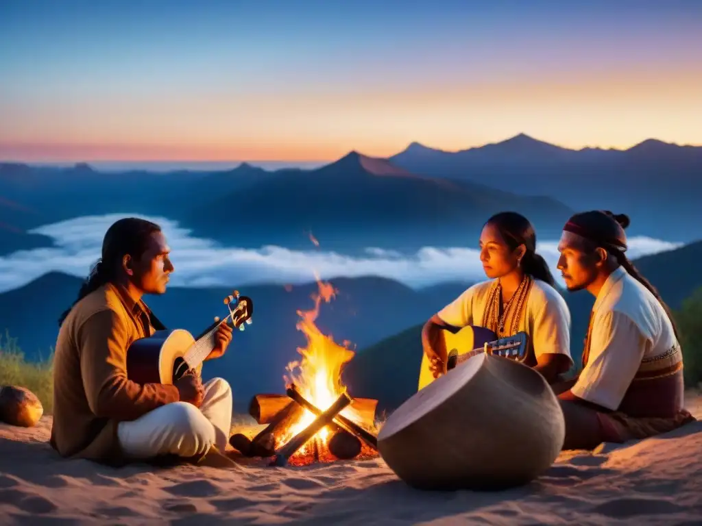 Grupo de músicos indígenas tocando alrededor de una fogata bajo el cielo nocturno