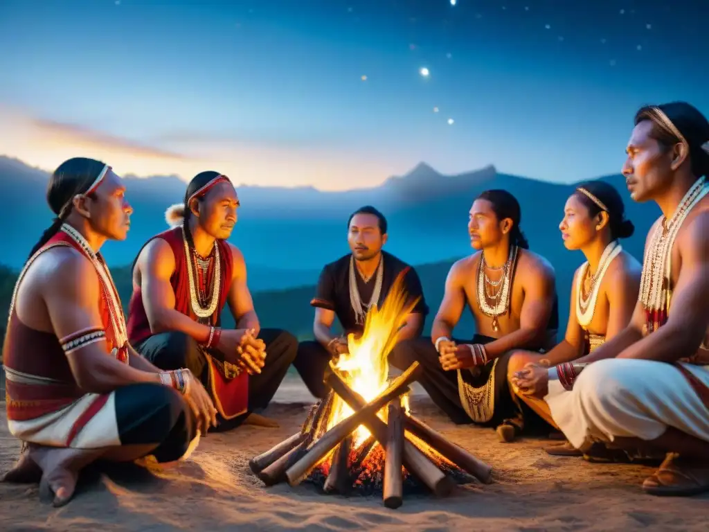 Grupo de músicos indígenas alrededor de fogata, tocando instrumentos ancestrales bajo cielo estrellado