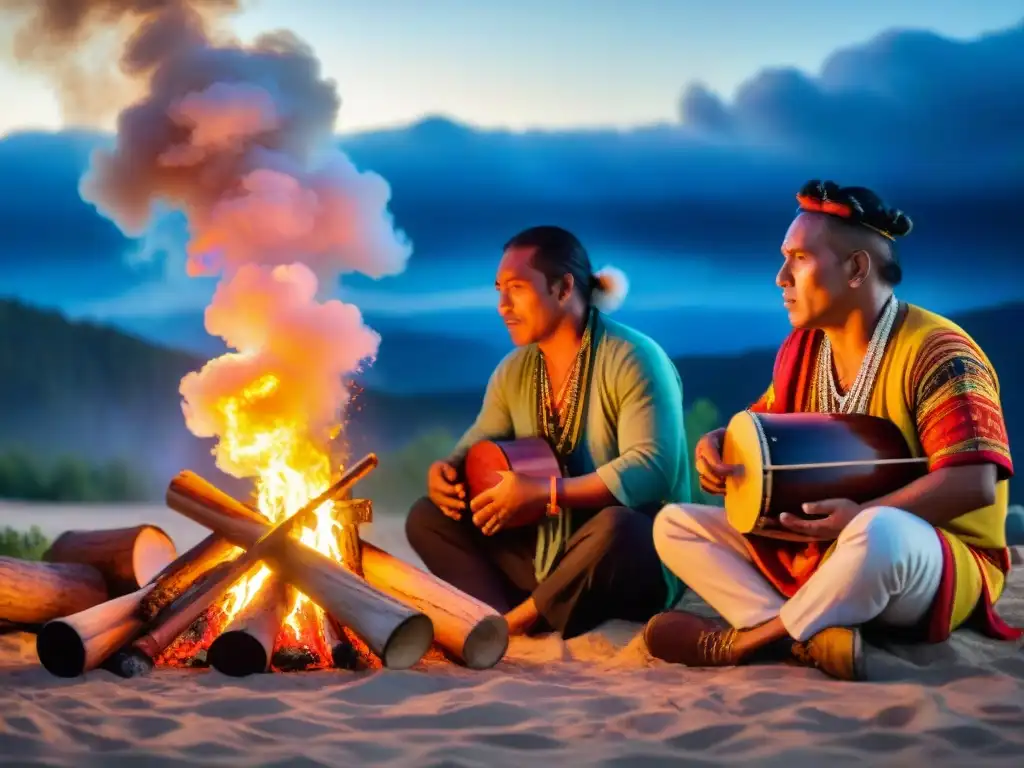 Grupo de músicos indígenas tocando alrededor de una fogata, iluminados por las llamas, en una escena de arte y música en resistencia indígena