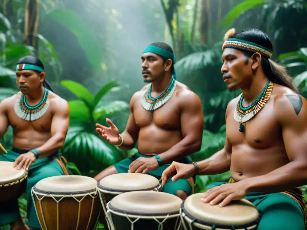 Un grupo de músicos indígenas inmersos en su actuación de percusión en la selva