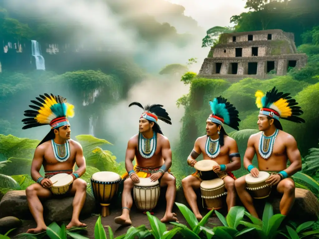 Grupo de músicos indígenas tocando instrumentos precolombinos en la selva