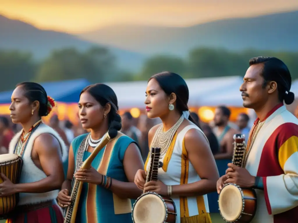 Grupo de músicos indígenas tocando instrumentos tradicionales bajo el cielo abierto en un festival vibrante