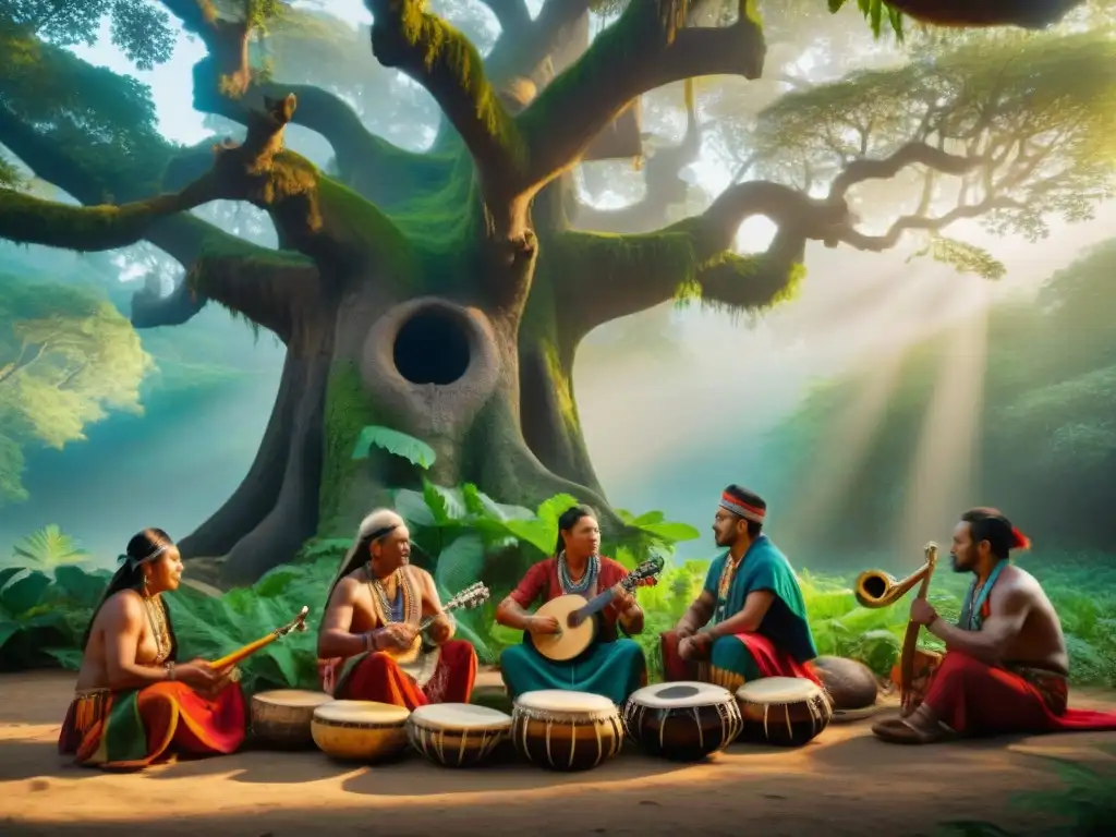 Grupo de músicos indígenas tocando instrumentos tradicionales en festivales indígenas música tradicional bajo un árbol antiguo en la selva