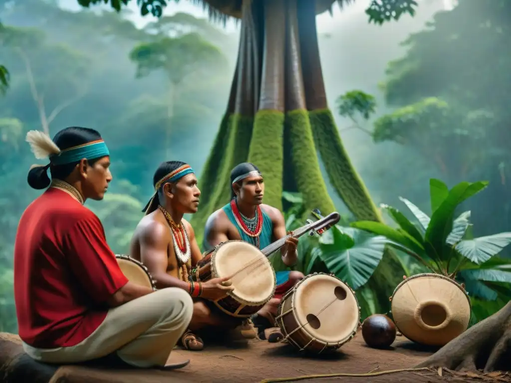 Grupo de músicos indígenas tocando instrumentos ancestrales bajo un ceiba en la selva