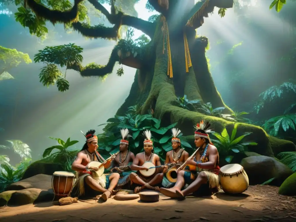 Un grupo de músicos indígenas tocando instrumentos tradicionales bajo un árbol ancestral en la selva