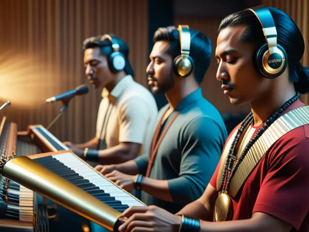 Grupo de músicos indígenas fusionando instrumentos tradicionales con equipo electrónico en estudio de grabación