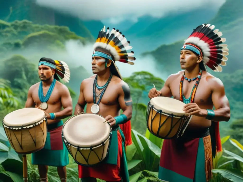 Grupo de músicos indígenas tocando instrumentos ceremoniales en la selva con atuendos y pinturas tradicionales