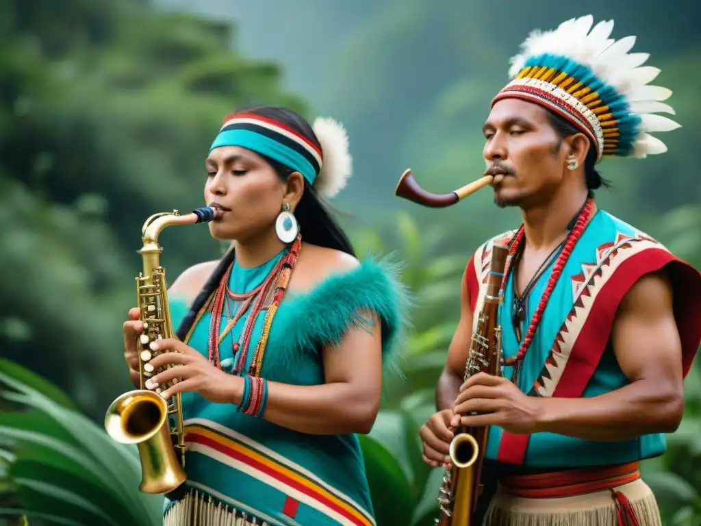 Un grupo de músicos indígenas tocando instrumentos de viento en culturas indígenas, rodeados de naturaleza exuberante