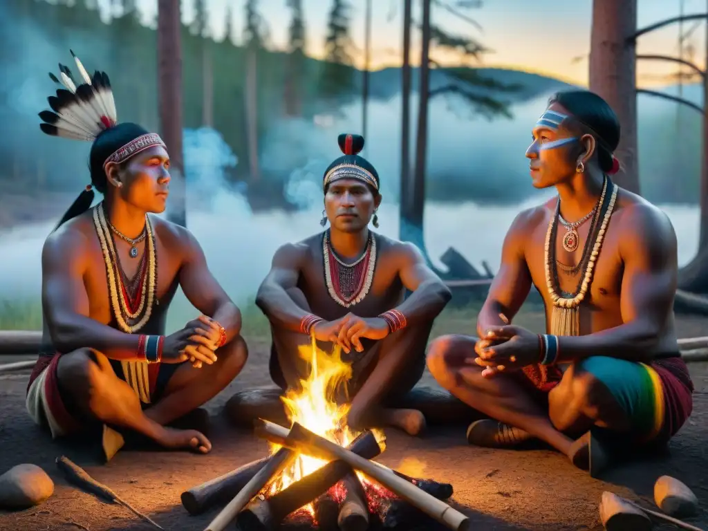 Un grupo de músicos indígenas tocando instrumentos tradicionales alrededor de una fogata en el bosque