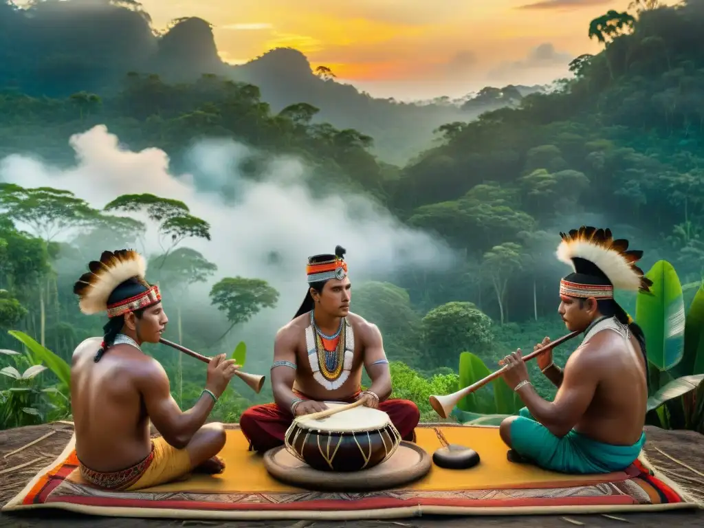 Grupo de músicos indígenas tocando instrumentos ancestrales al atardecer en la selva