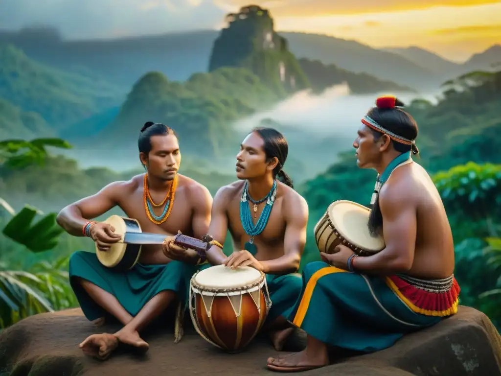 Grupo de músicos indígenas tocando instrumentos tradicionales en un atardecer vibrante en la selva