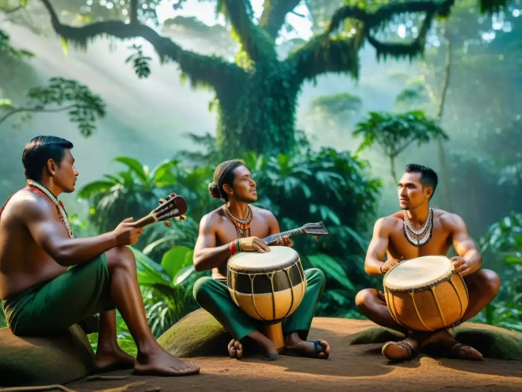 Grupo de músicos indígenas tocando instrumentos tradicionales bajo un ceibo en la selva amazónica