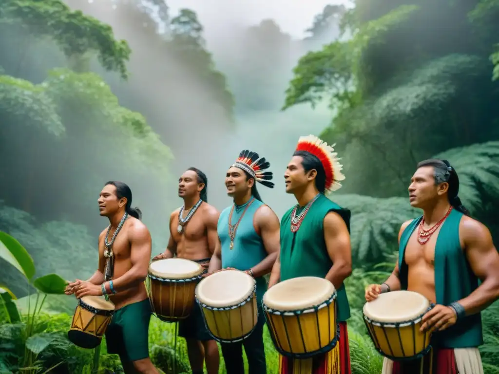 Grupo de músicos indígenas tocando instrumentos tradicionales en la selva