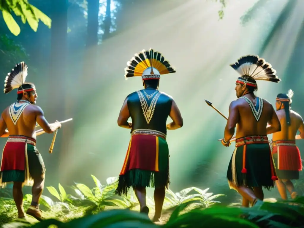 Grupo de músicos indígenas tocando instrumentos tradicionales en la selva