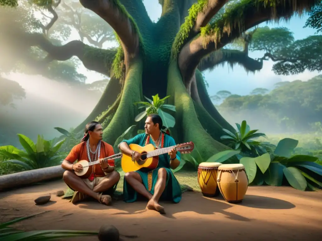 Grupo de músicos indígenas tocando instrumentos tradicionales bajo un árbol en la selva amazónica