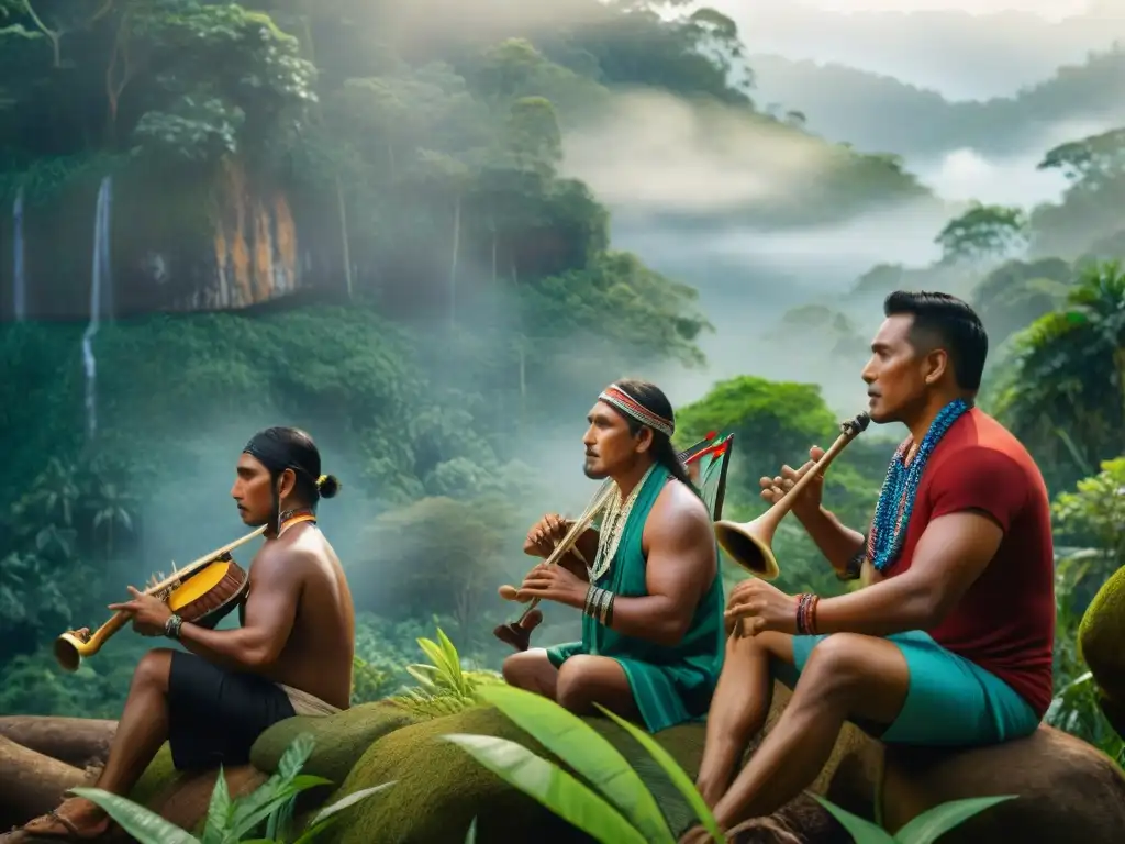 Grupo de músicos indígenas tocando instrumentos tradicionales bajo un árbol en la selva