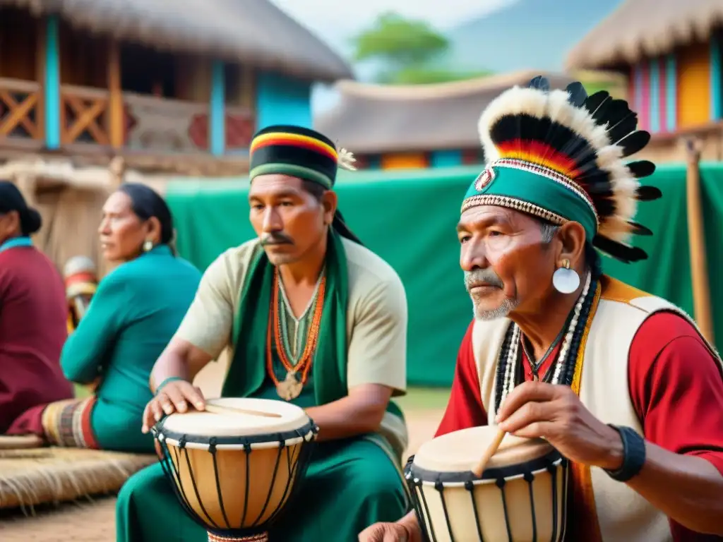 Grupo de músicos indígenas tocando instrumentos antiguos en vibrante plaza