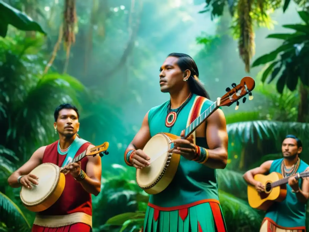 Grupo de músicos indígenas tocando instrumentos tradicionales en la selva, con atuendos coloridos y expresiones concentradas