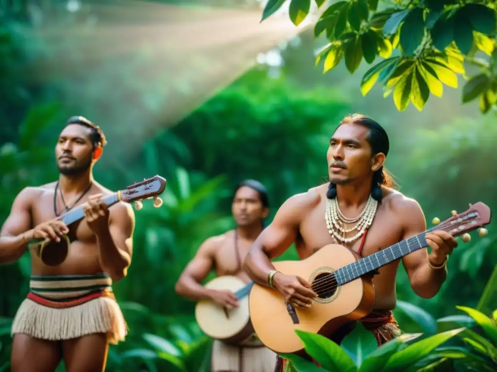 Grupo de músicos indígenas tocando instrumentos tradicionales en la selva, resaltando la importancia de la música en la identidad indígena