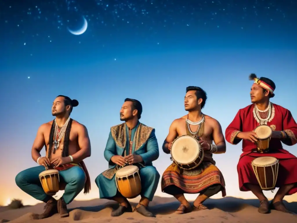 Grupo de músicos indígenas tocando instrumentos ancestrales bajo un cielo estrellado