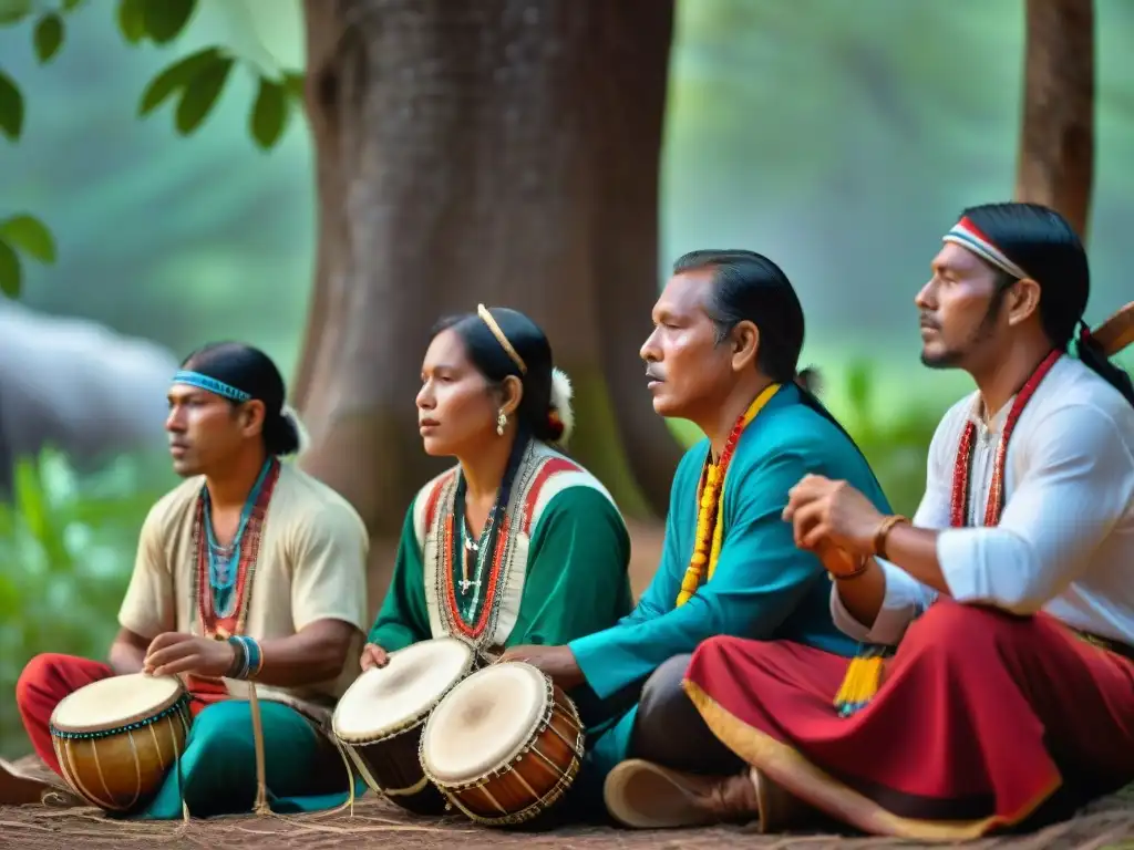 Grupo de músicos indígenas tocando instrumentos tradicionales bajo un árbol en la selva