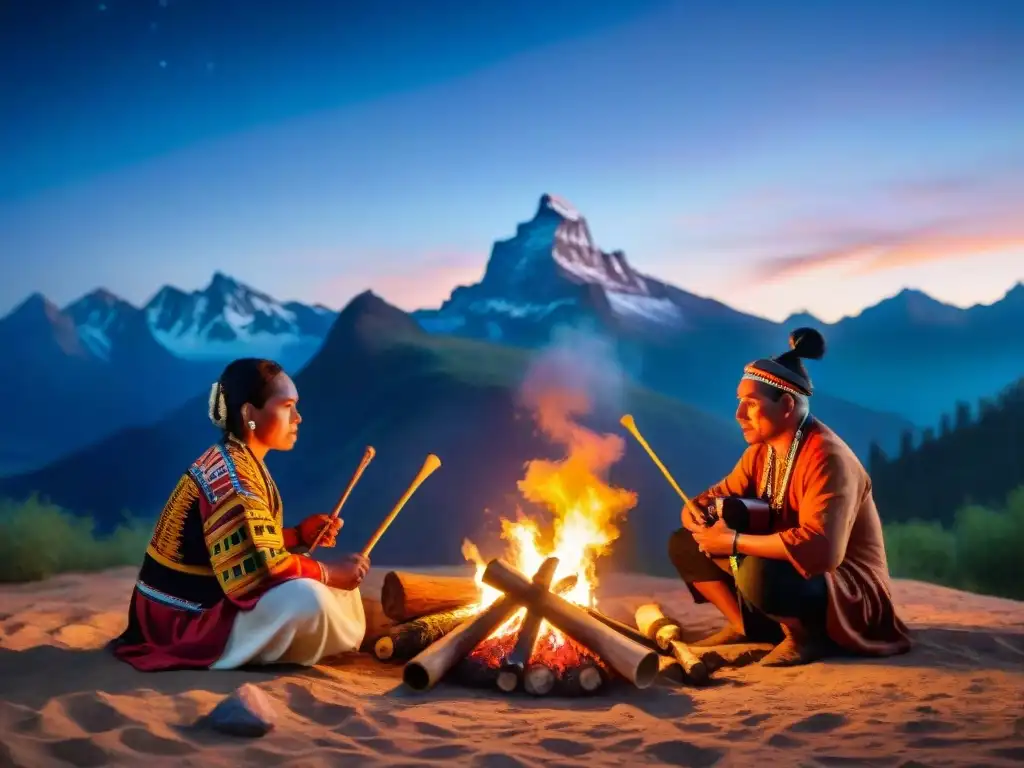 Grupo de músicos indígenas tocando instrumentos tradicionales alrededor de una fogata bajo un cielo estrellado, con montañas de fondo