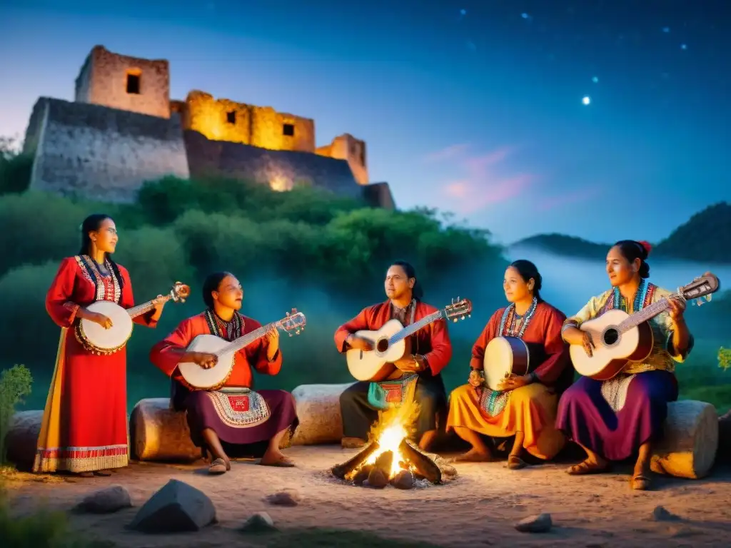 Grupo de músicos indígenas tocando instrumentos tradicionales bajo un cielo estrellado, rodeados de vegetación exuberante y ruinas antiguas