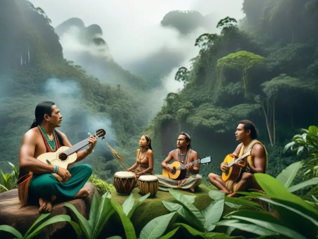 Grupo de músicos indígenas tocando instrumentos naturales en la selva, conectados con la música y la naturaleza