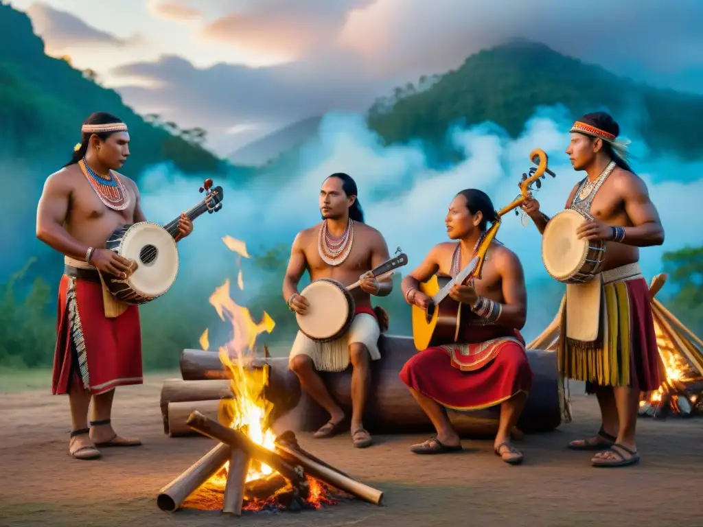 Un grupo de músicos indígenas tocando instrumentos tradicionales alrededor de una fogata bajo un cielo estrellado