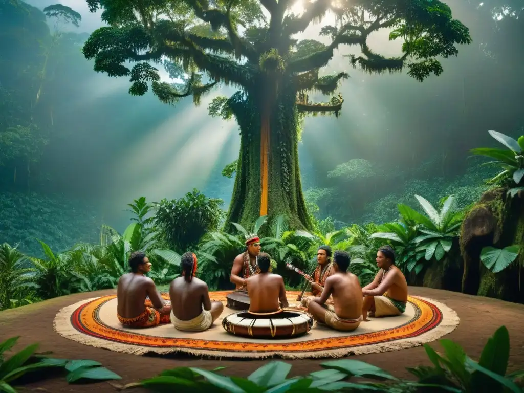 Grupo de músicos indígenas tocando instrumentos tradicionales bajo un árbol en la selva amazónica