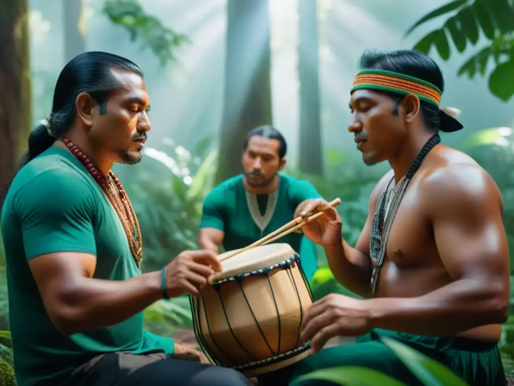 Un grupo de músicos indígenas tocando instrumentos tradicionales en un bosque vibrante, capturando la esencia de la música indígena en cine